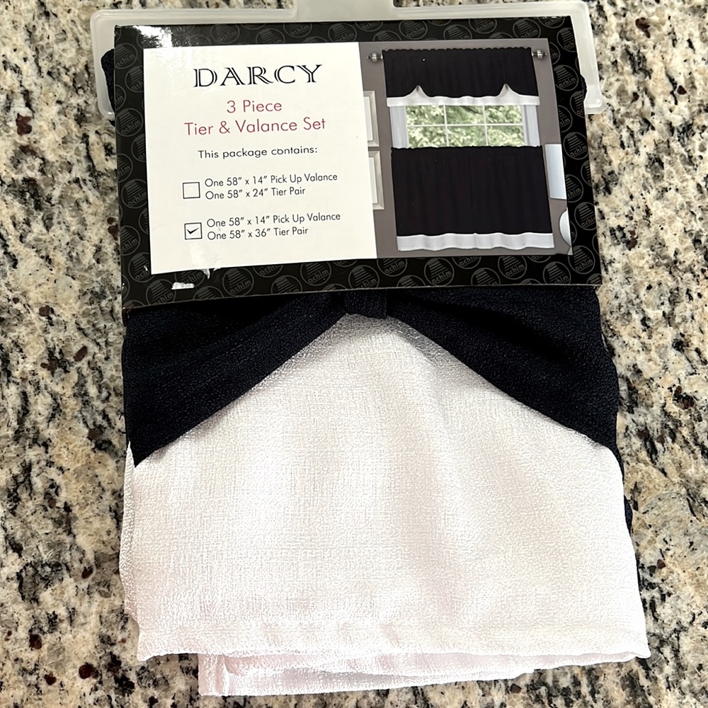 New Darcy 3 Piece Tier & Valance Curtain Set Navy Blue & White